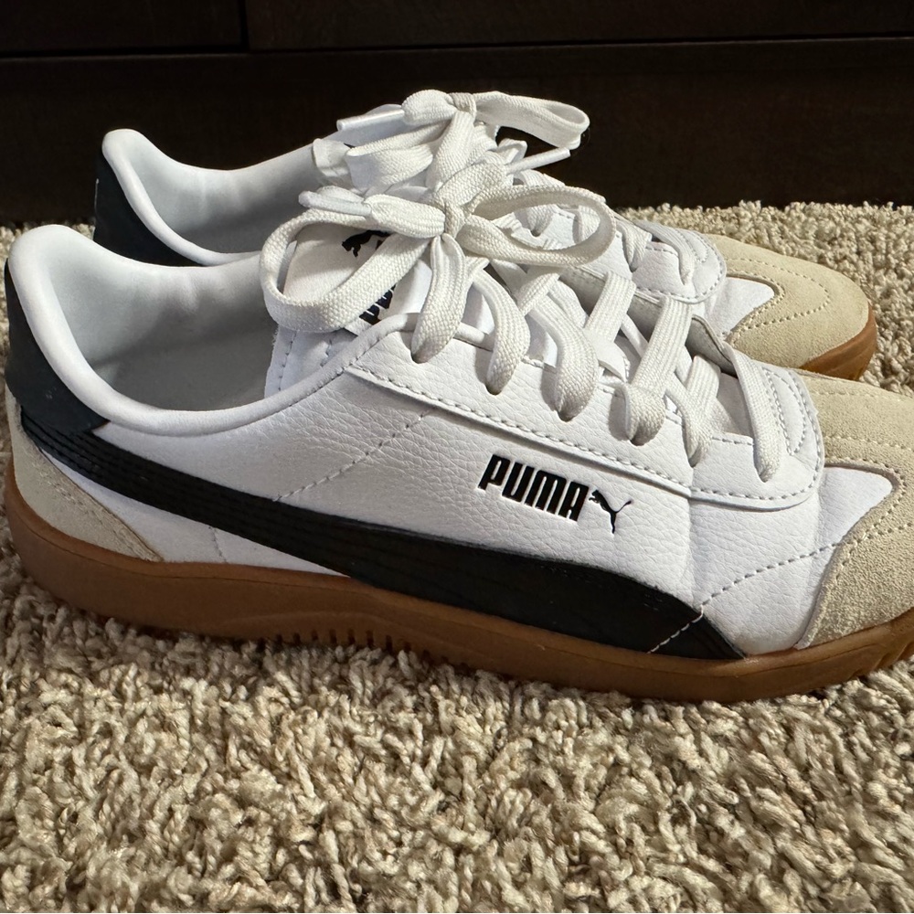 Puma Classic White and Black Sneakers with Tan Soles